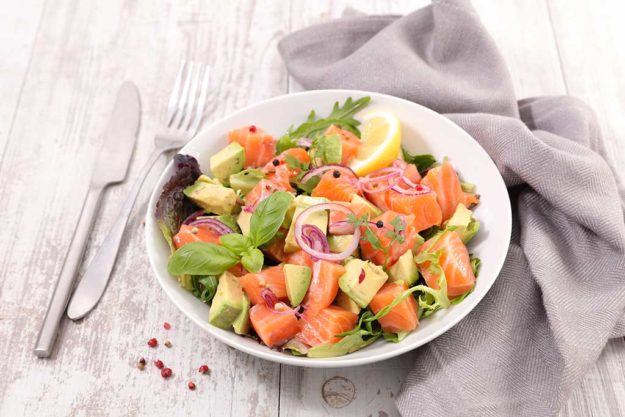 vegetable salad with salmon, avocado, basil and onion vegetable salad with salmon, avocado, basil and onion