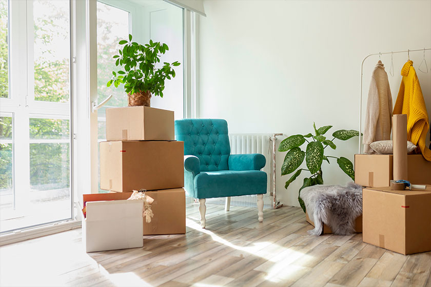 Home interior detail with cardboard boxes
