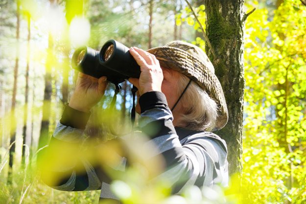 Blurred active senior woman with binoculars in the forest Blurred active senior woman with binoculars in the forest