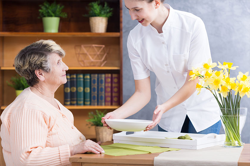 Home nurse serving soup senior woman Home nurse serving soup senior woman