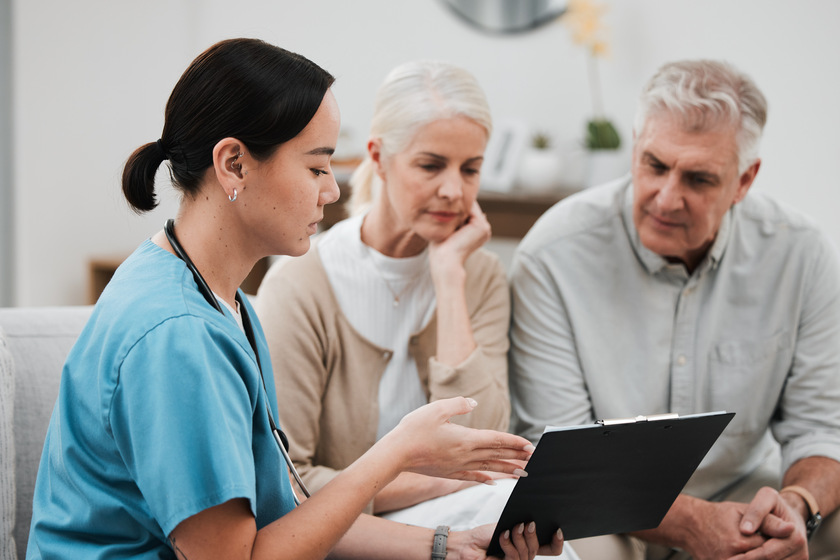 Senior couple, doctor and retirement plan chart questions for hospital and health help paperwork. Asian woman, conversation and consulting survey in a wellness clinic with data and policy report X Reasons You Should Choose A Patient-Centered Assisted Living In Bonita Springs, FL