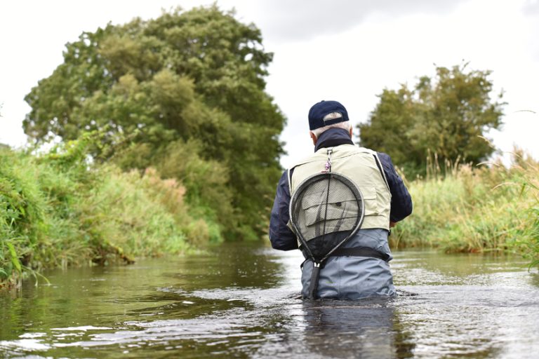 Back view of fly-fisherman fishing in river