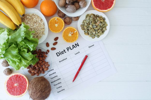 Healthy eating plan. Meal and diet planning. Top view, flat lay with copy space