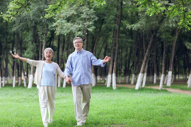 Happy old couple looking at the scenery in the park Happy old couple looking at the scenery in the park