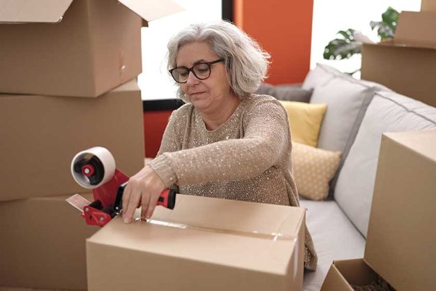 Middle age woman with grey hair packing cardboard box at new home Middle age woman with grey hair packing cardboard box at new home