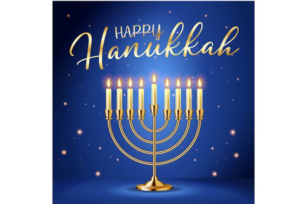 happy hanukkah greeting card with gold inscription and golden realistic menorah candlestick with burning candles