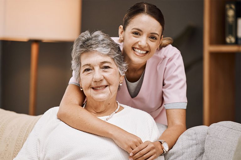 Support, portrait and nurse with a senior woman