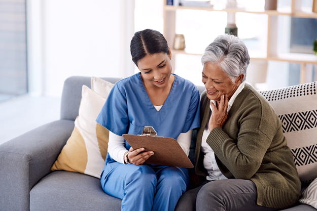Nurse, clipboard and senior woman