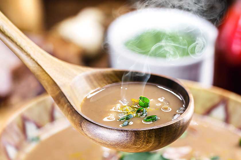 ladle cream bean soup ingredients background pepperoni bacon vegetables typical