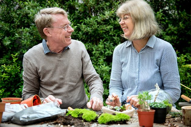 senior couple planting succulents