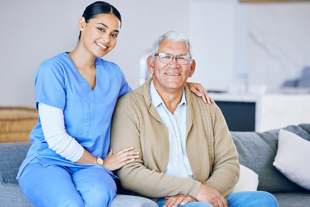 senior man woman caregiver portrait retirement health wellness nursing home