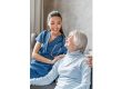 vertical portrait happy elderly woman nurse home