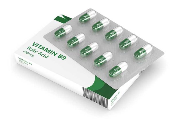 3d render of b9 folic acid pills ob blister