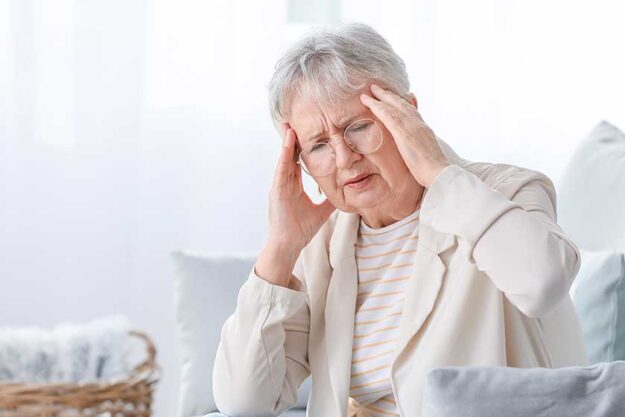 Senior woman suffering from headache at home