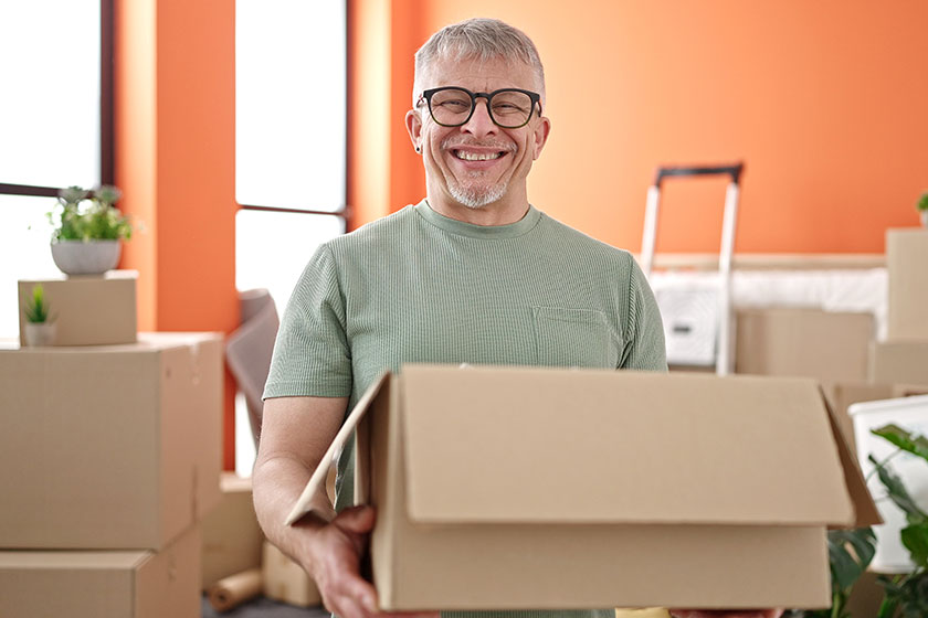 Middle age grey haired man smiling confident holding package new