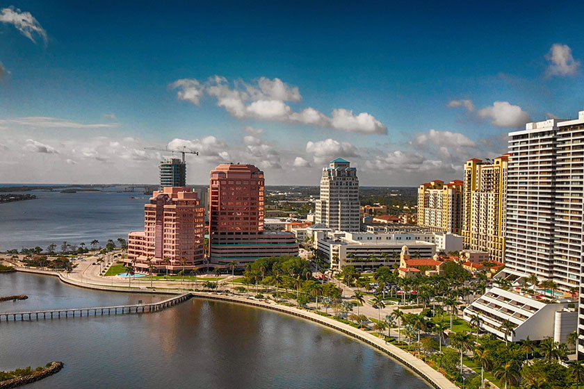 Palm beach skyline florida panoramic aerial view drone sunset