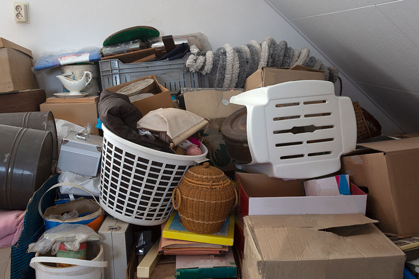 Pile of junk in a house hoarder room pile of household equipment needs clearing out Pile of junk in a house hoarder room pile of household equipment needs clearing out