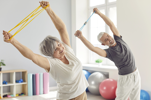smiling mature senior man woman doing stretching smiling mature senior man woman doing stretching