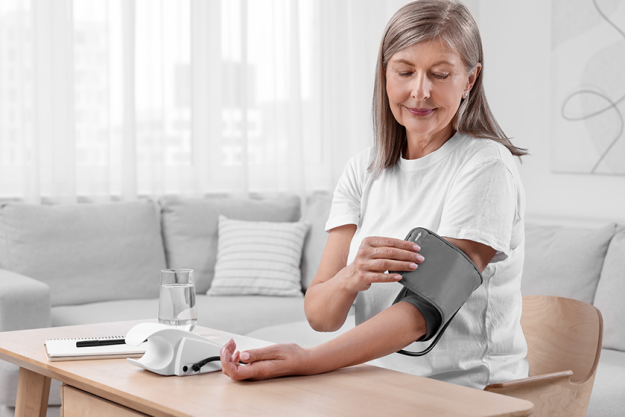 woman measuring blood pressure wooden table