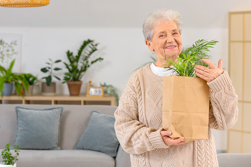 senior woman plant shopping bag senior woman plant shopping bag