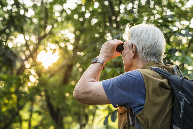 elderly man watching binoculars forest elderly man watching binoculars forest