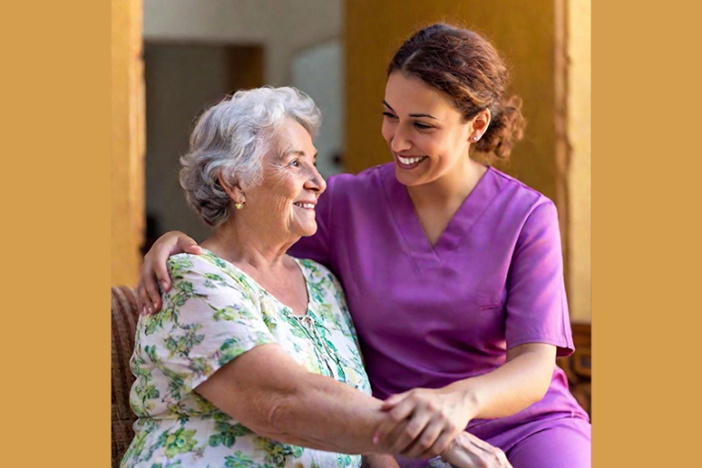 happy senior nurse helping young woman get care