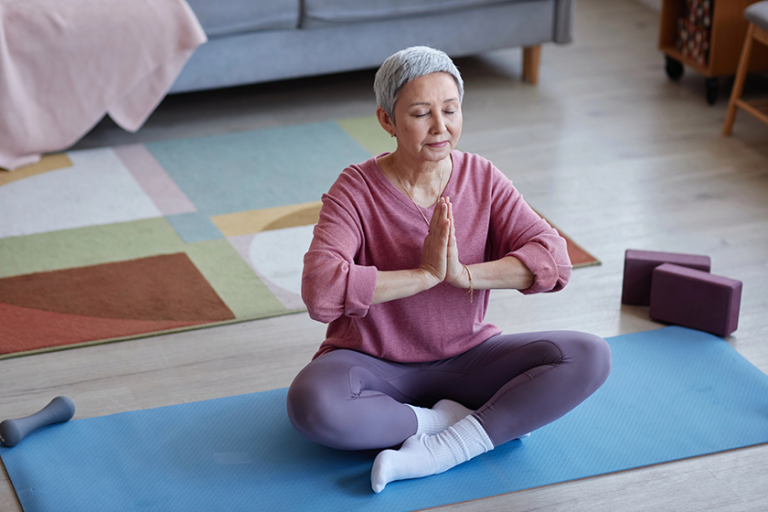 high angle view serene senior woman eyes closed