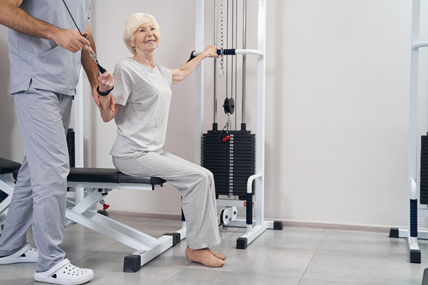 pleased elderly woman pulling handle