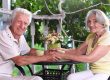 Elderly couple sitting at the table in the summer at the country house