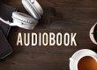 audiobook word text concept modern wireless headphones