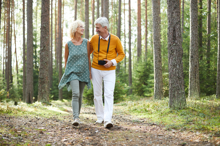 happy mature man woman casualwear walking