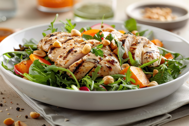 a salad with grilled chicken and a creamy peanut a salad with grilled chicken and a creamy peanut