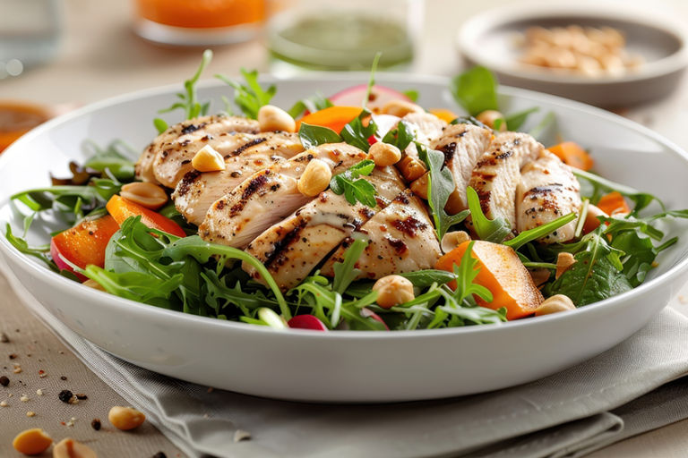 a salad with grilled chicken and a creamy peanut a salad with grilled chicken and a creamy peanut