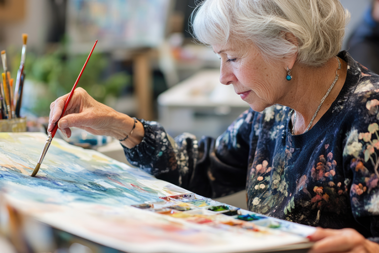 a senior woman in a watercolor painting class