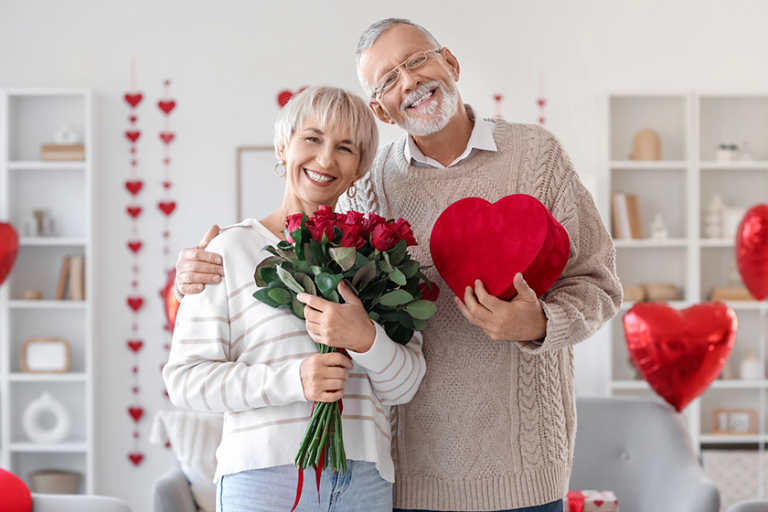 happy mature couple bouquet roses happy mature couple bouquet roses