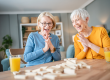two senior women friends or sisters play leisure board game